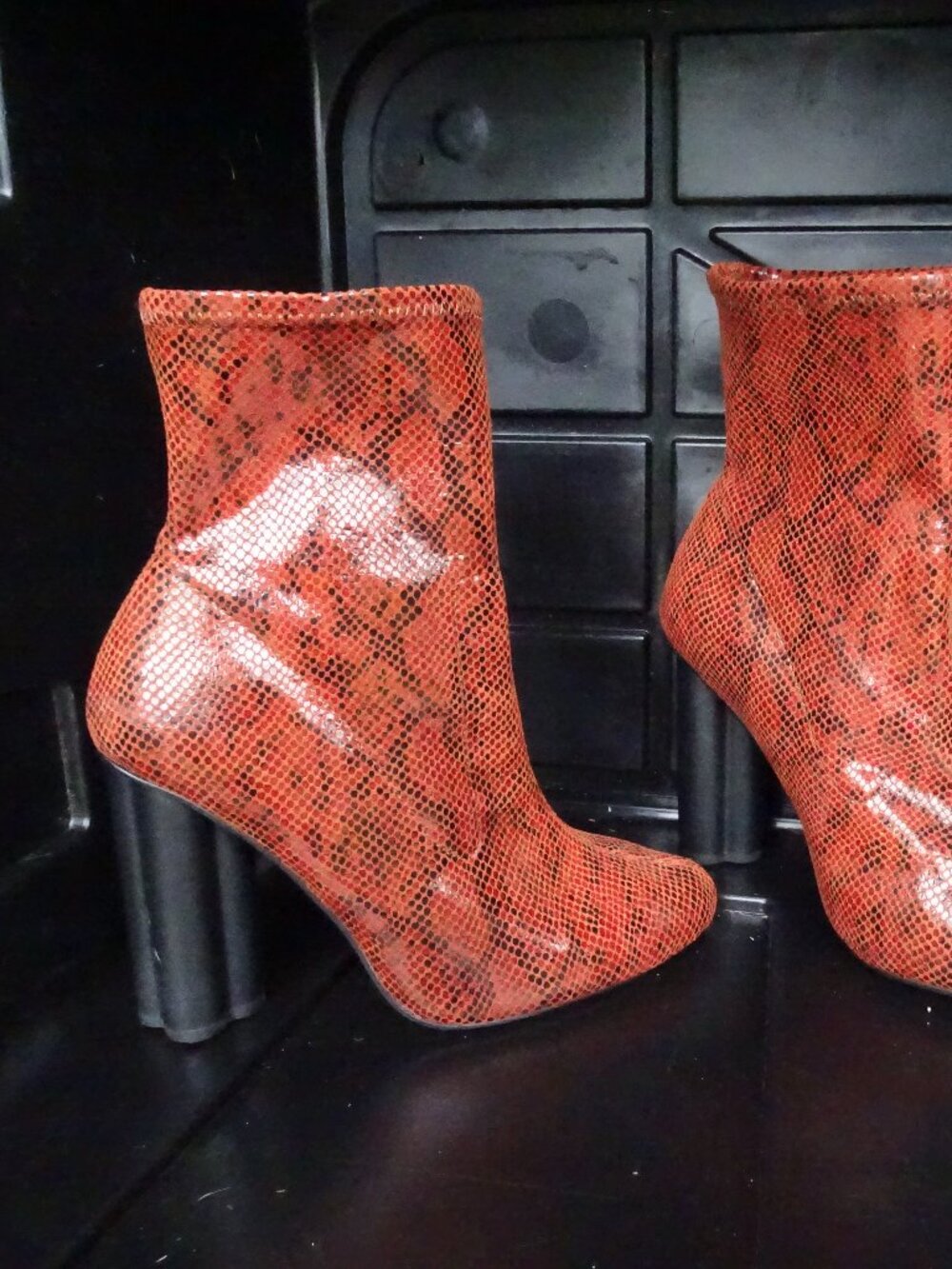 ASOS Orange Black Serpent Snake Print Ankle Booties Size 7 Clover Shape Heel
